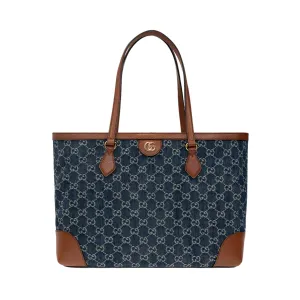 Gucci Ophidia GG Denim Leather Trim Medium Shopping Tote